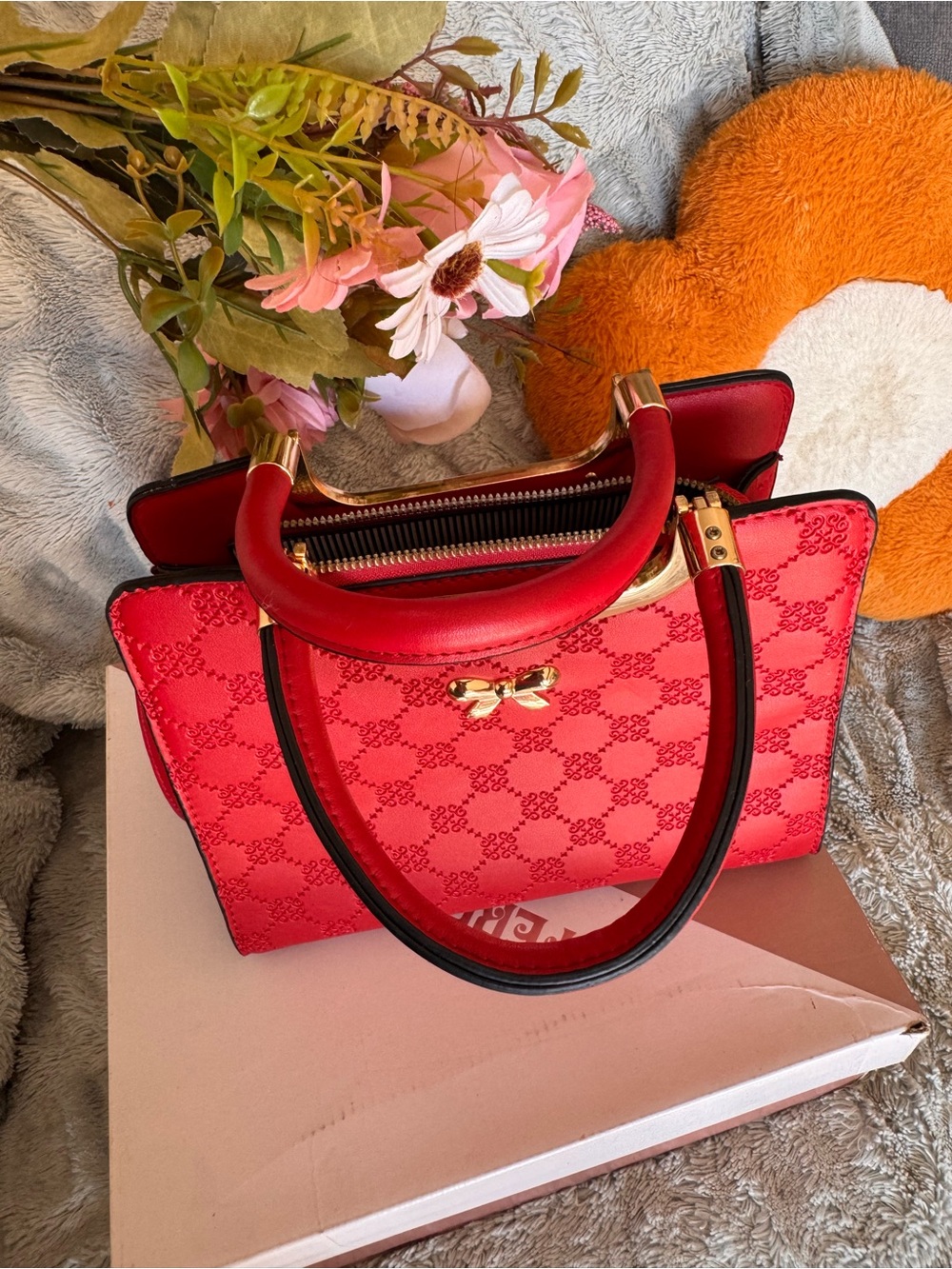 Red Structured Top-Handle Satchel with Gold Accent